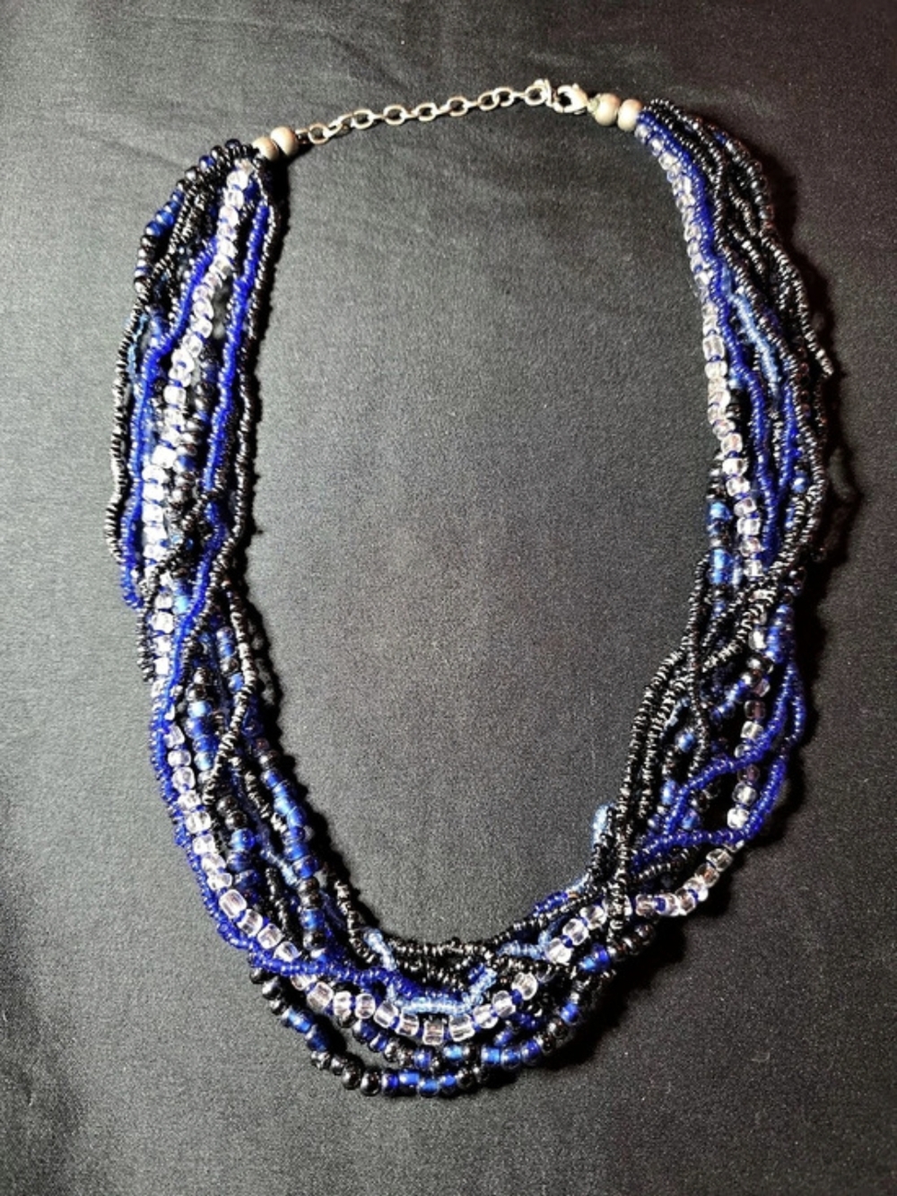 ✨ Vintage Multi-Strand Blue & Black Glass Seed Bead Statement Necklace ✨